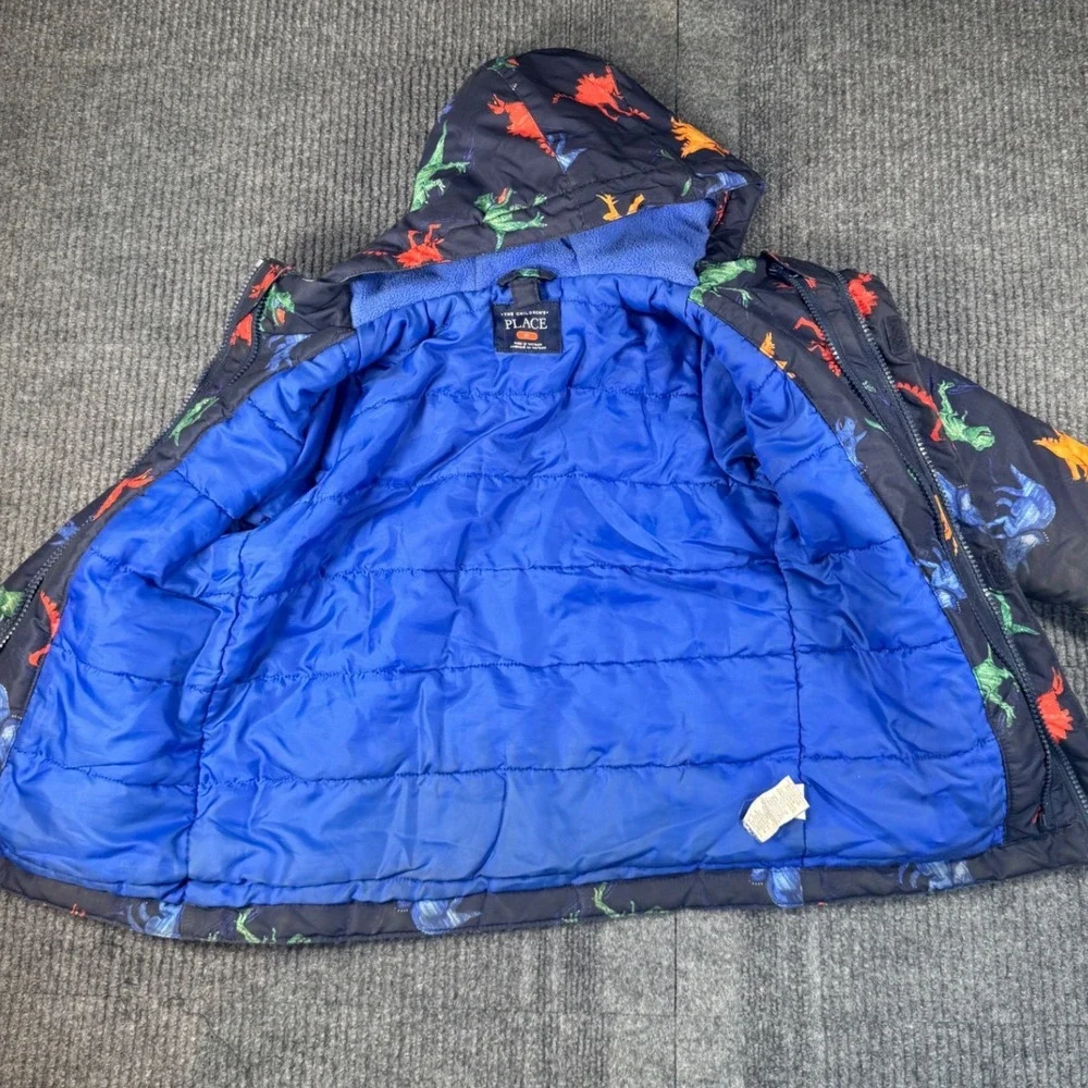 The Childrens Place Boys 5T Dinosaur Puffer Jacket Navy Blue Hooded Coat